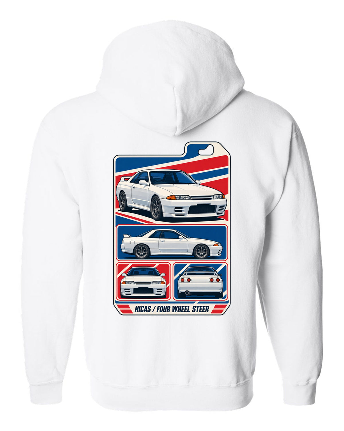 Varsity shield crest print for the Nissan Skyline GT-R R34 reading Allegedly 280 PS, Sure white zip hoodie back view with the design