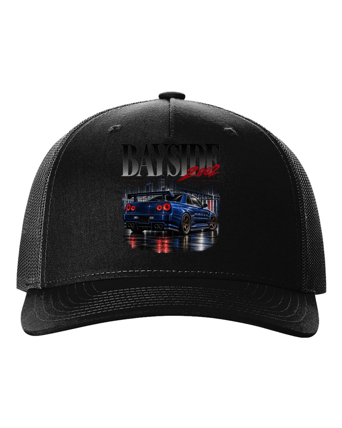 Editorial print of a Nissan Skyline GT-R R34 V-Spec II Nur rear with RB26DETT text black hat front view with the design