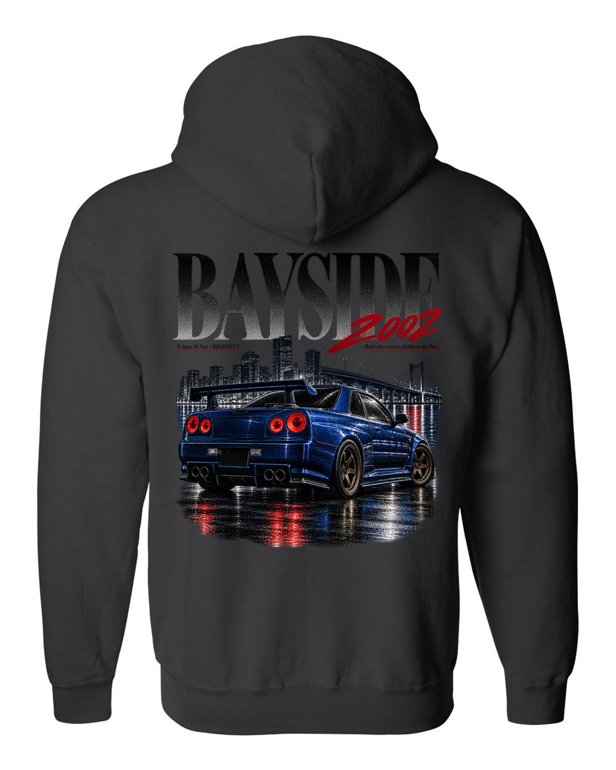 Editorial print of a Nissan Skyline GT-R R34 V-Spec II Nur rear with RB26DETT text black zip hoodie back view with the design