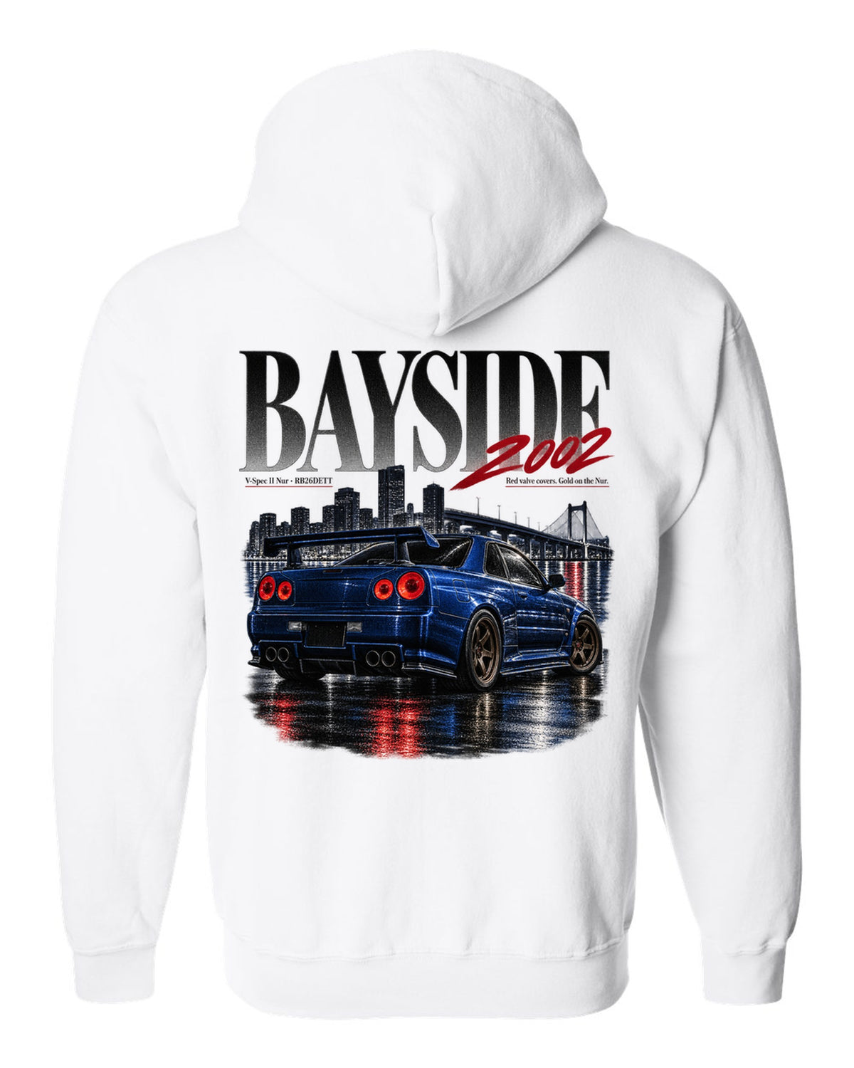 Editorial print of a Nissan Skyline GT-R R34 V-Spec II Nur rear with RB26DETT text white zip hoodie back view with the design