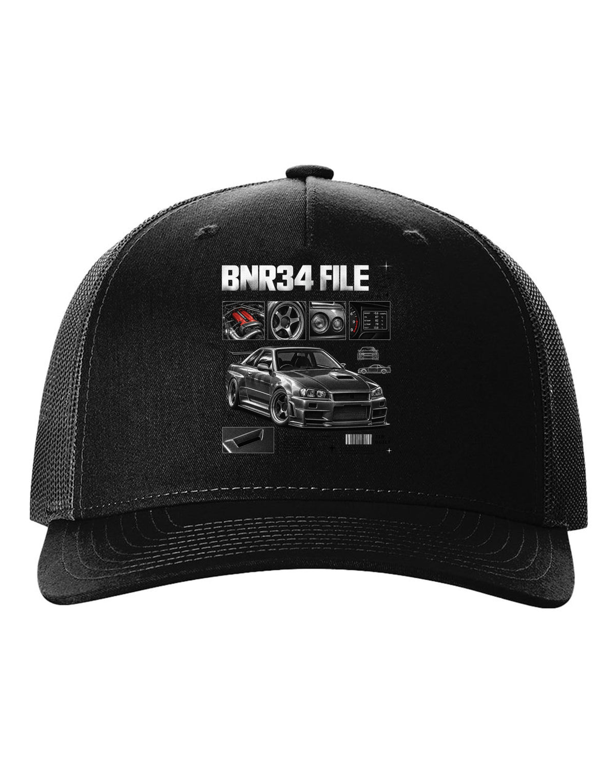 Dossier panel print of a Nissan Skyline GT-R R34 V-Spec II Nur with 718 built text black hat front view with the design