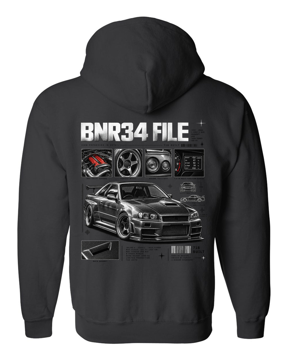 Dossier panel print of a Nissan Skyline GT-R R34 V-Spec II Nur with 718 built text black zip hoodie back view with the design