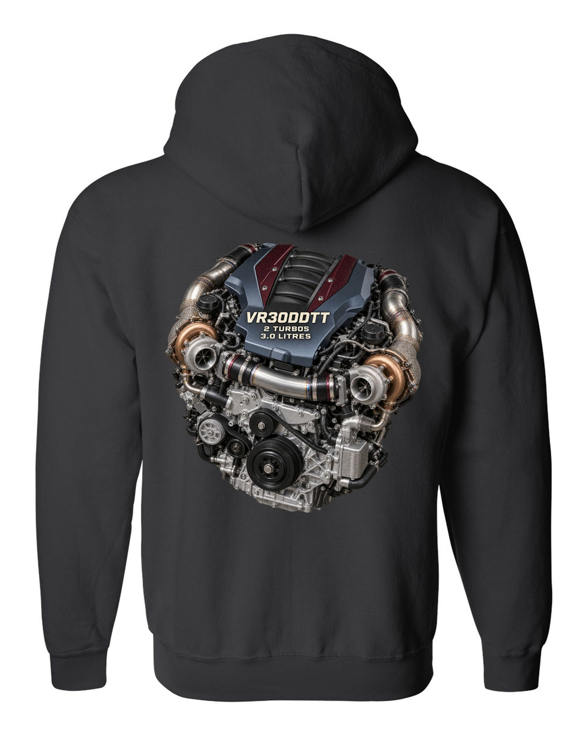 Hero image of a Nissan VR30DDTT twin-turbo V6 engine from the RZ34 Z black zip hoodie back view with the design