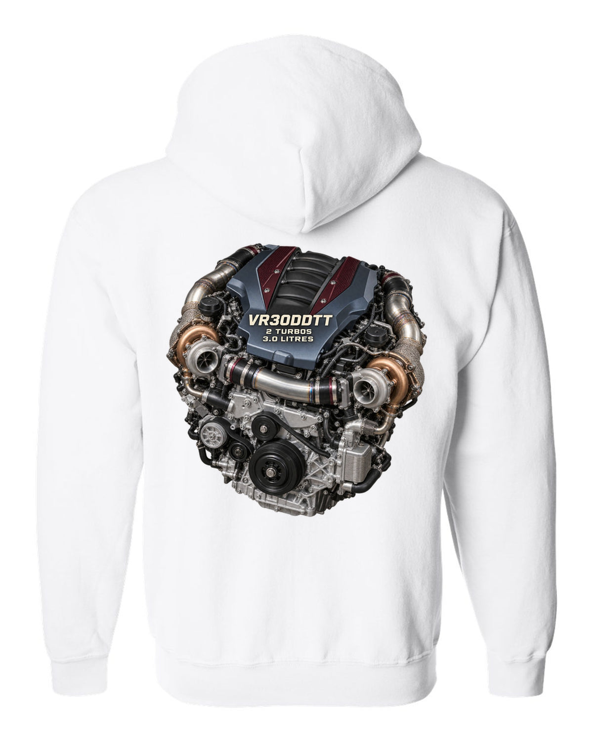 Hero image of a Nissan VR30DDTT twin-turbo V6 engine from the RZ34 Z white zip hoodie back view with the design