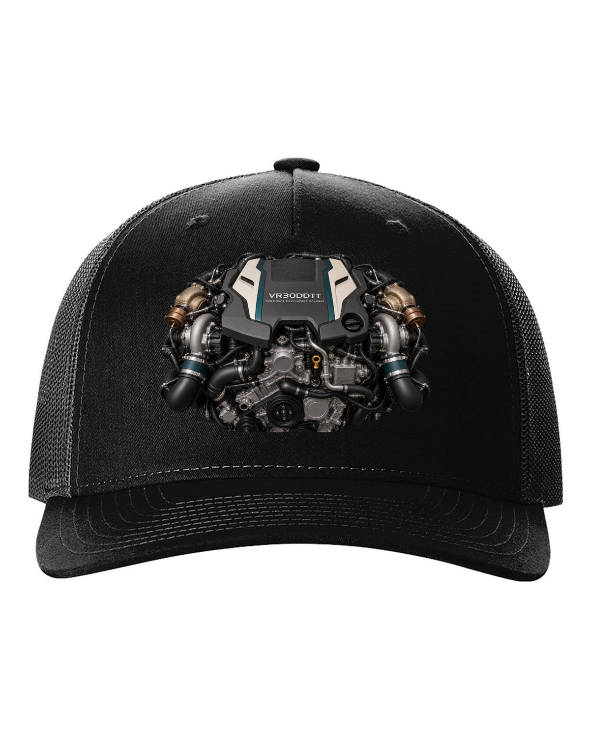 Nissan VR30DDTT 3.0 litre twin-turbo V6 engine bay poster style print black hat front view with the design
