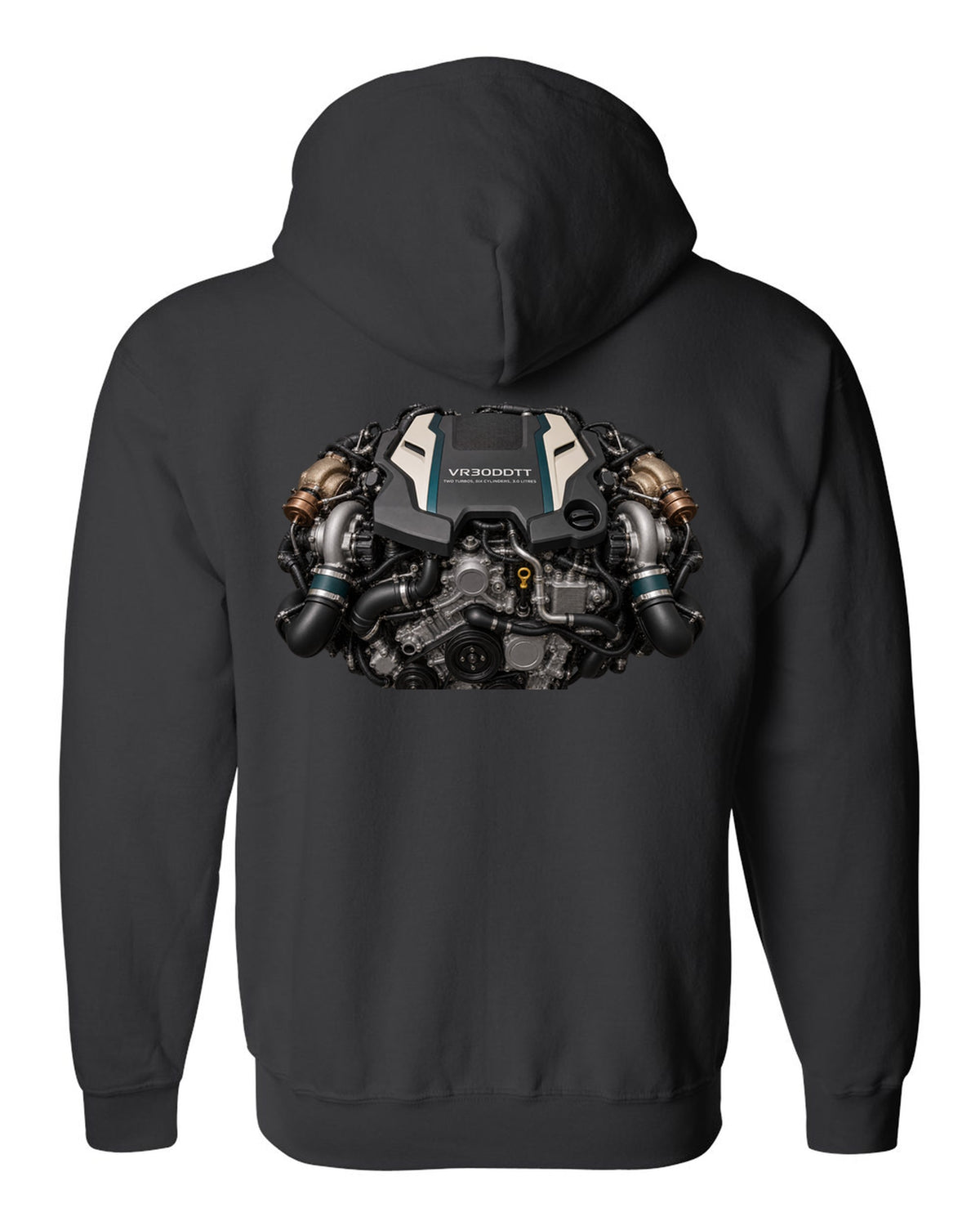 Nissan VR30DDTT 3.0 litre twin-turbo V6 engine bay poster style print black zip hoodie back view with the design