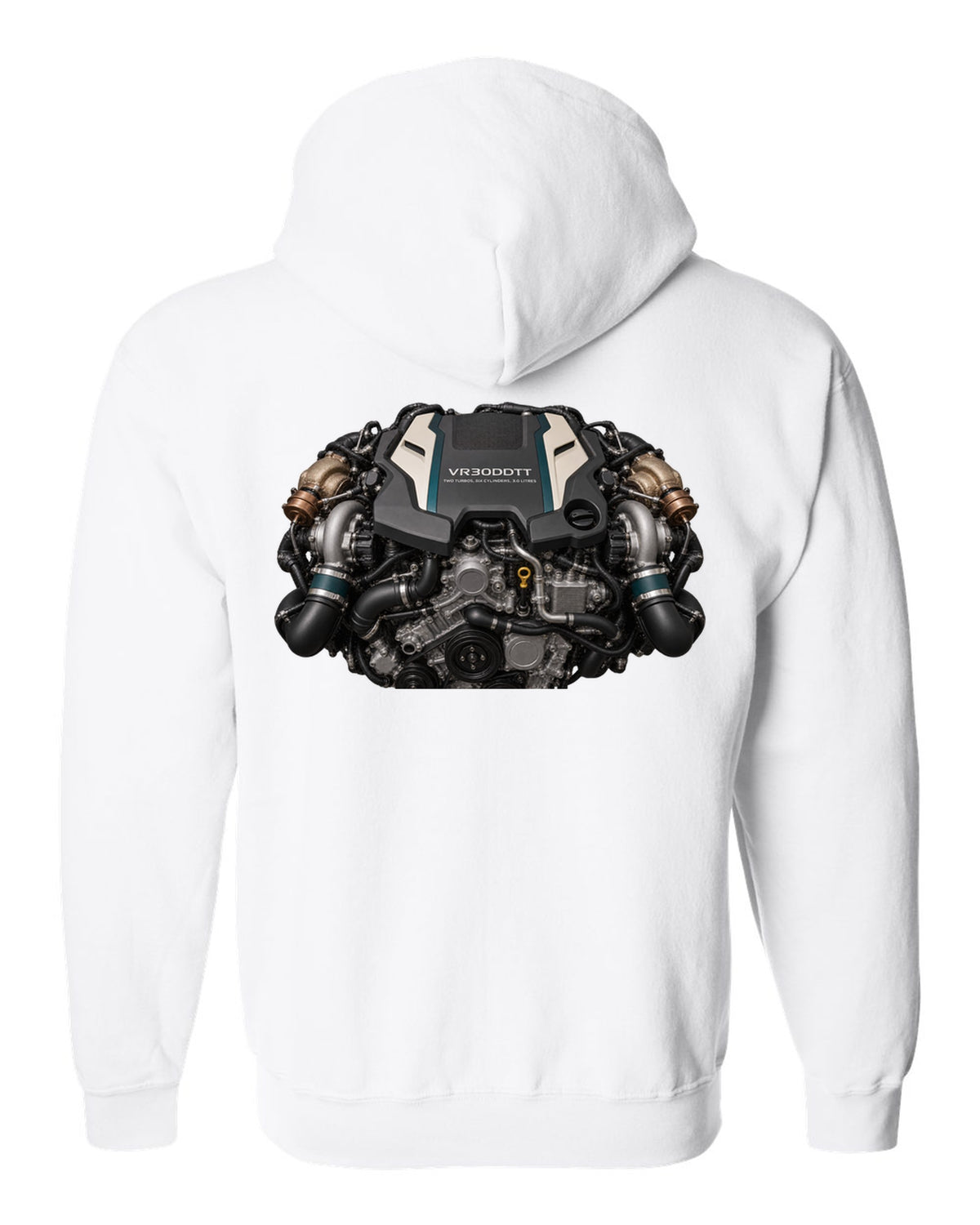 Nissan VR30DDTT 3.0 litre twin-turbo V6 engine bay poster style print white zip hoodie back view with the design