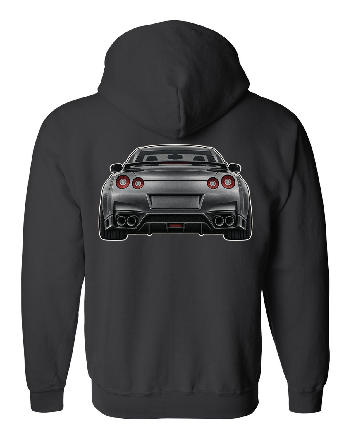 2023 Nissan Z Sport three-view drawing with spec table in warm grey black zip hoodie back view with the design
