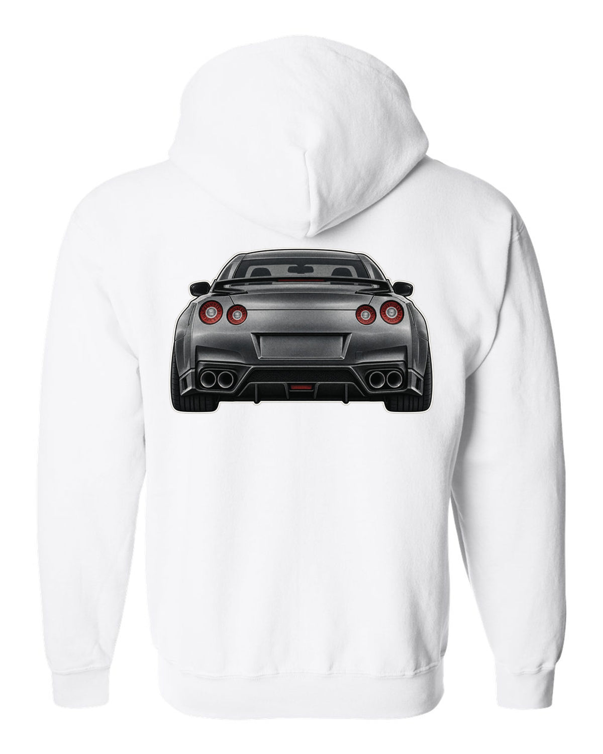 2023 Nissan Z Sport three-view drawing with spec table in warm grey white zip hoodie back view with the design