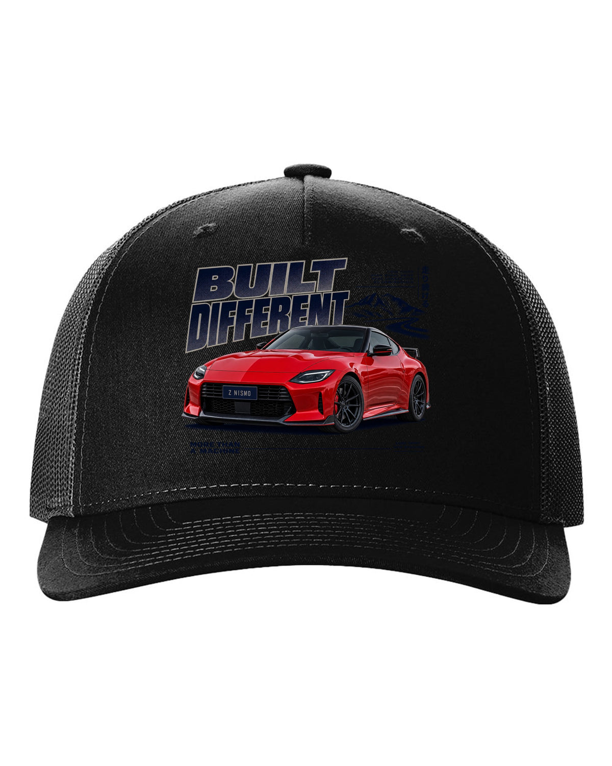 Dossier panels for a 2024 Nissan Z NISMO RZ34 in graphite and rust black hat front view with the design