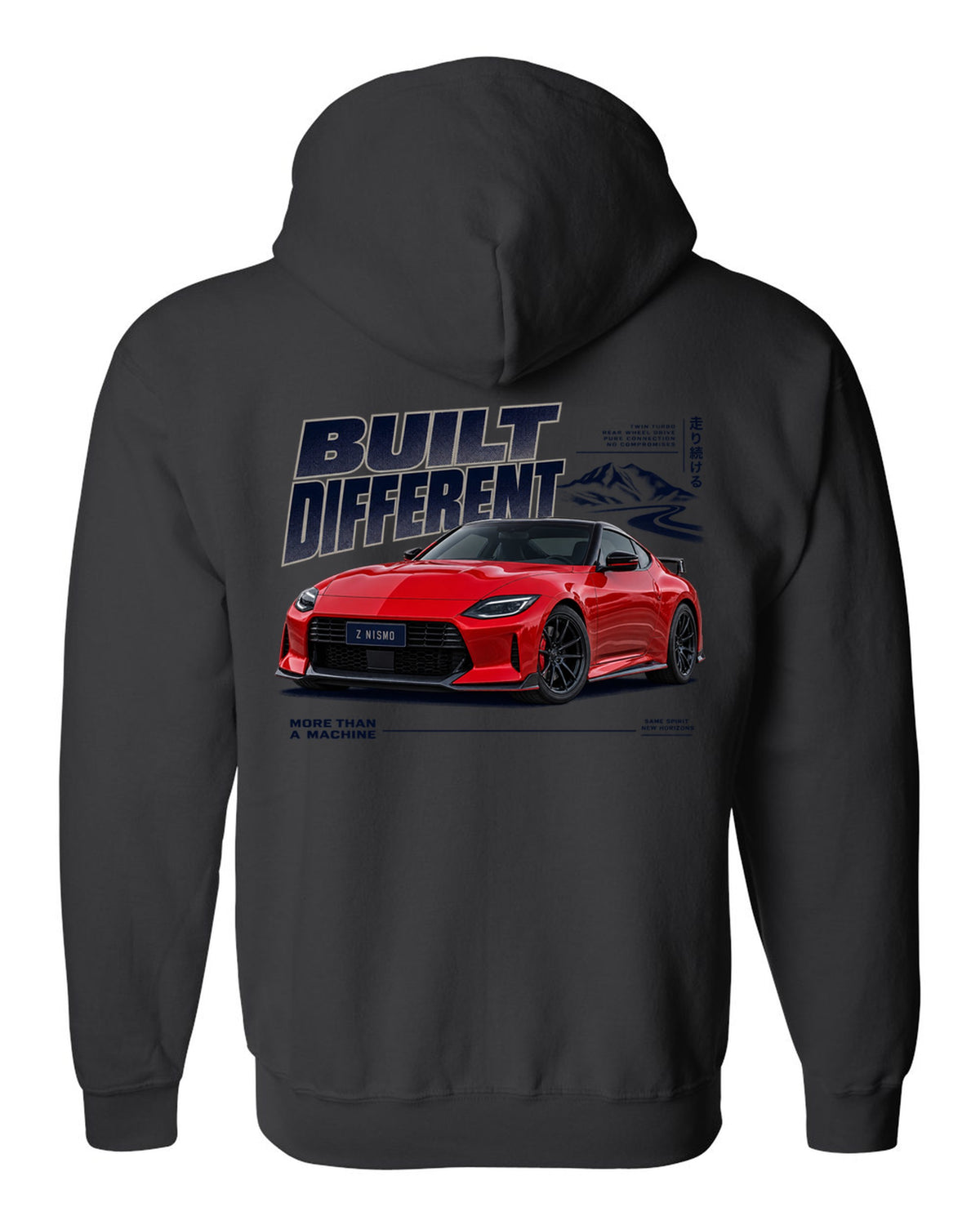 Dossier panels for a 2024 Nissan Z NISMO RZ34 in graphite and rust black zip hoodie back view with the design
