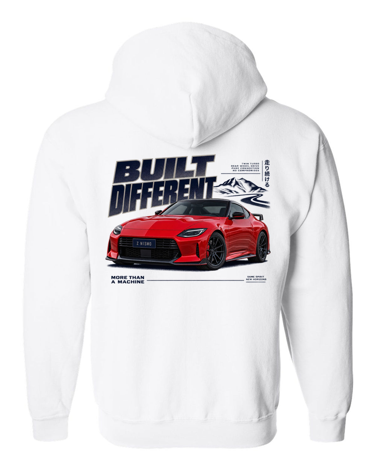 Dossier panels for a 2024 Nissan Z NISMO RZ34 in graphite and rust white zip hoodie back view with the design
