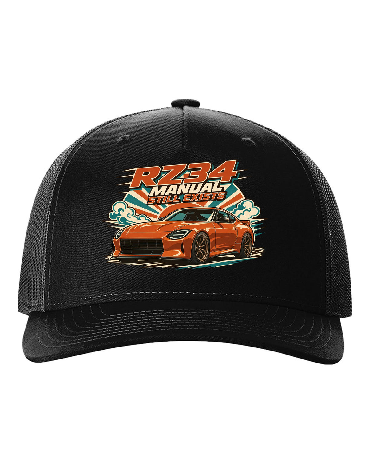 1970s Showa catalogue ad style print of the Nissan Z RZ34 black hat front view with the design