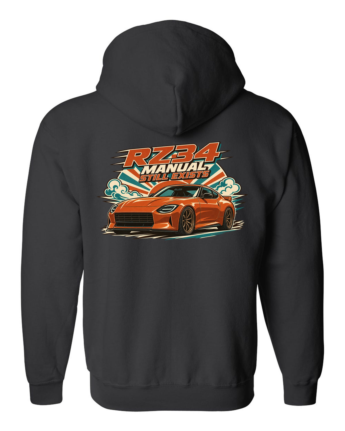 1970s Showa catalogue ad style print of the Nissan Z RZ34 black zip hoodie back view with the design