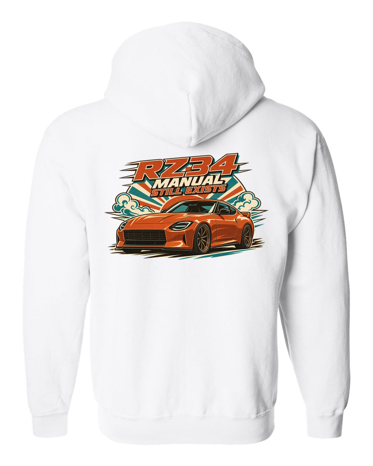 1970s Showa catalogue ad style print of the Nissan Z RZ34 white zip hoodie back view with the design