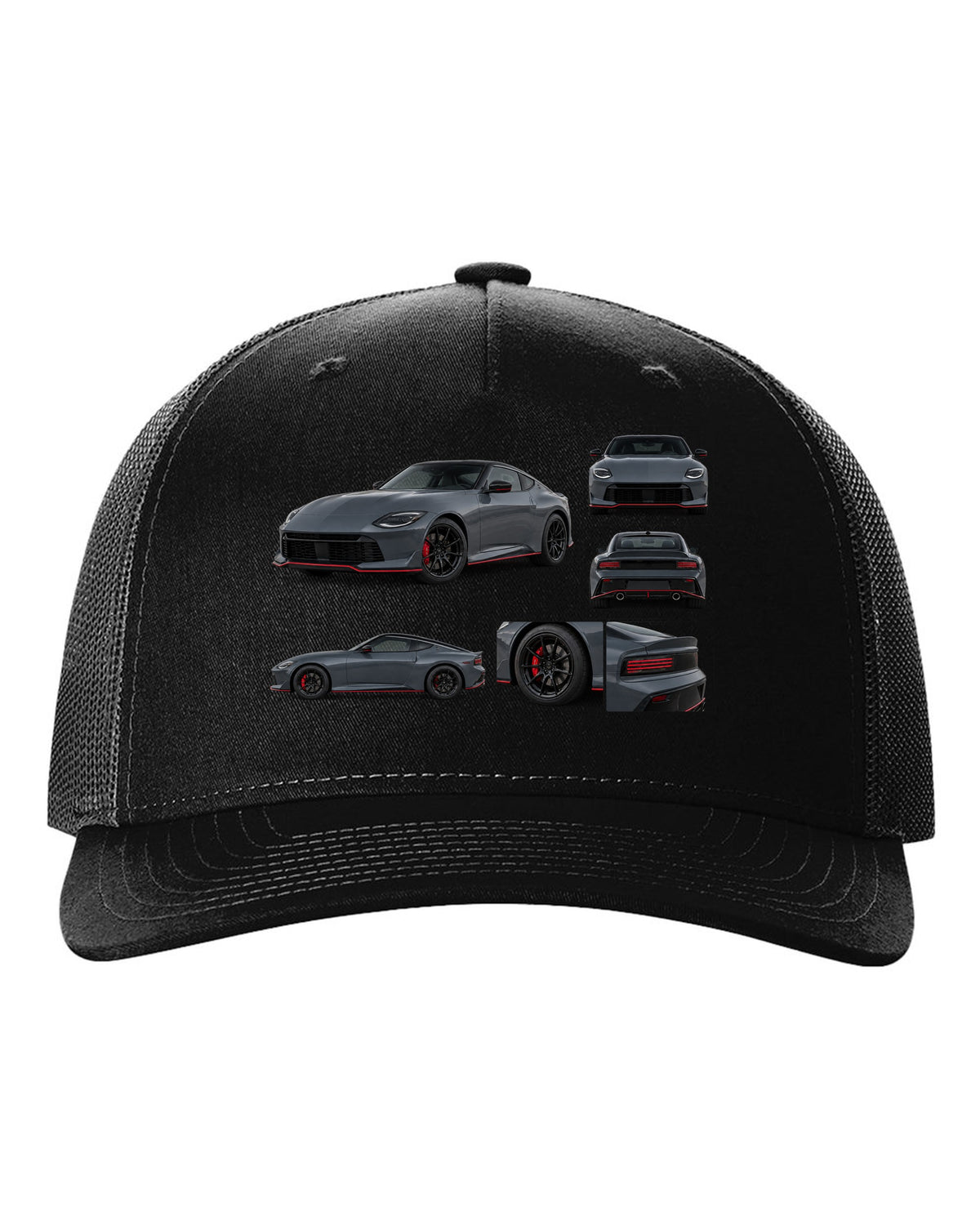Halftone style print of a 2024 Nissan Z RZ34 Sport with VR30DDTT text black hat front view with the design
