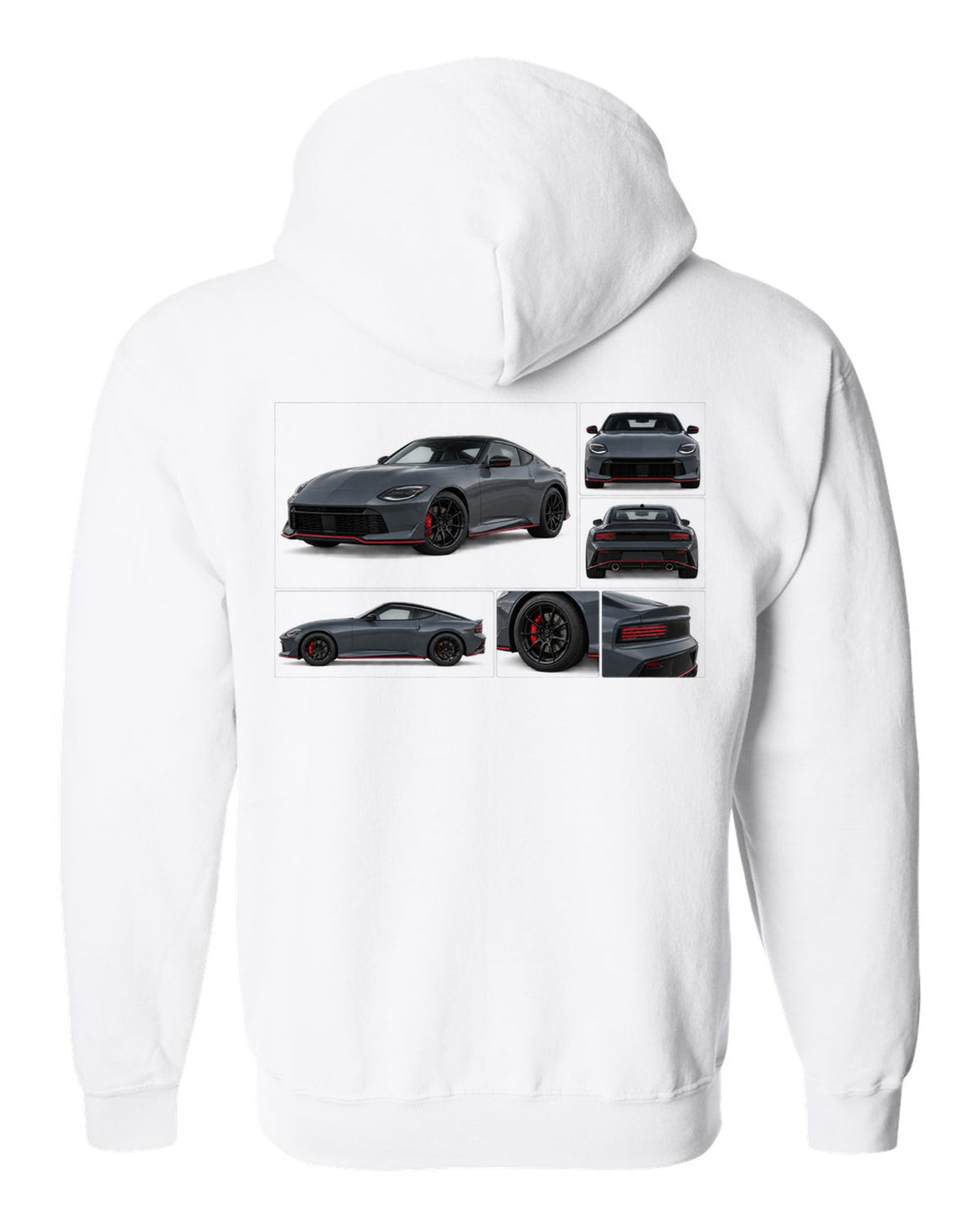 Halftone style print of a 2024 Nissan Z RZ34 Sport with VR30DDTT text white zip hoodie back view with the design