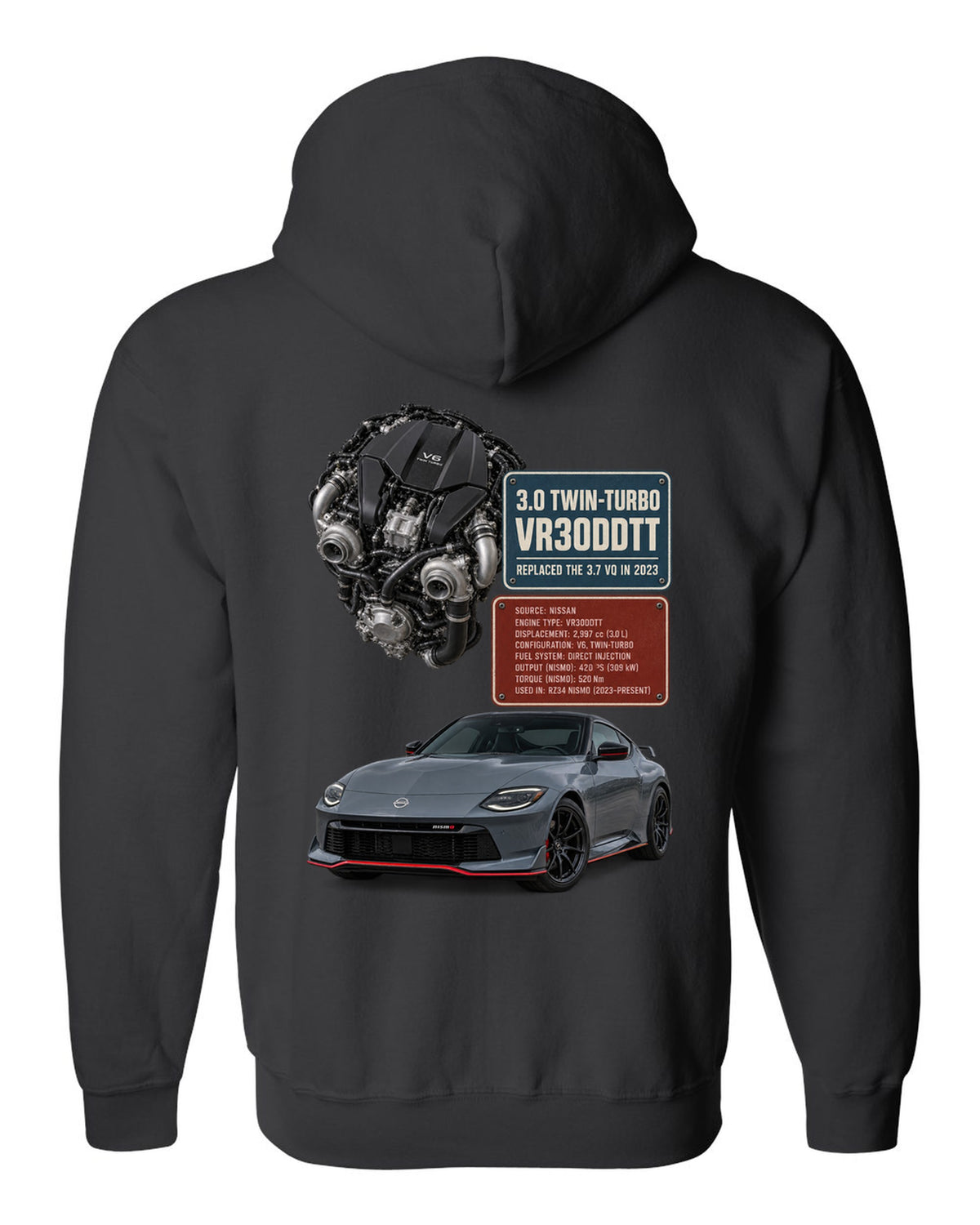 Three-view drawing and spec table of a 2023 Nissan Z RZ34 Performance in steel blue, six-speed manual black zip hoodie back view with the design