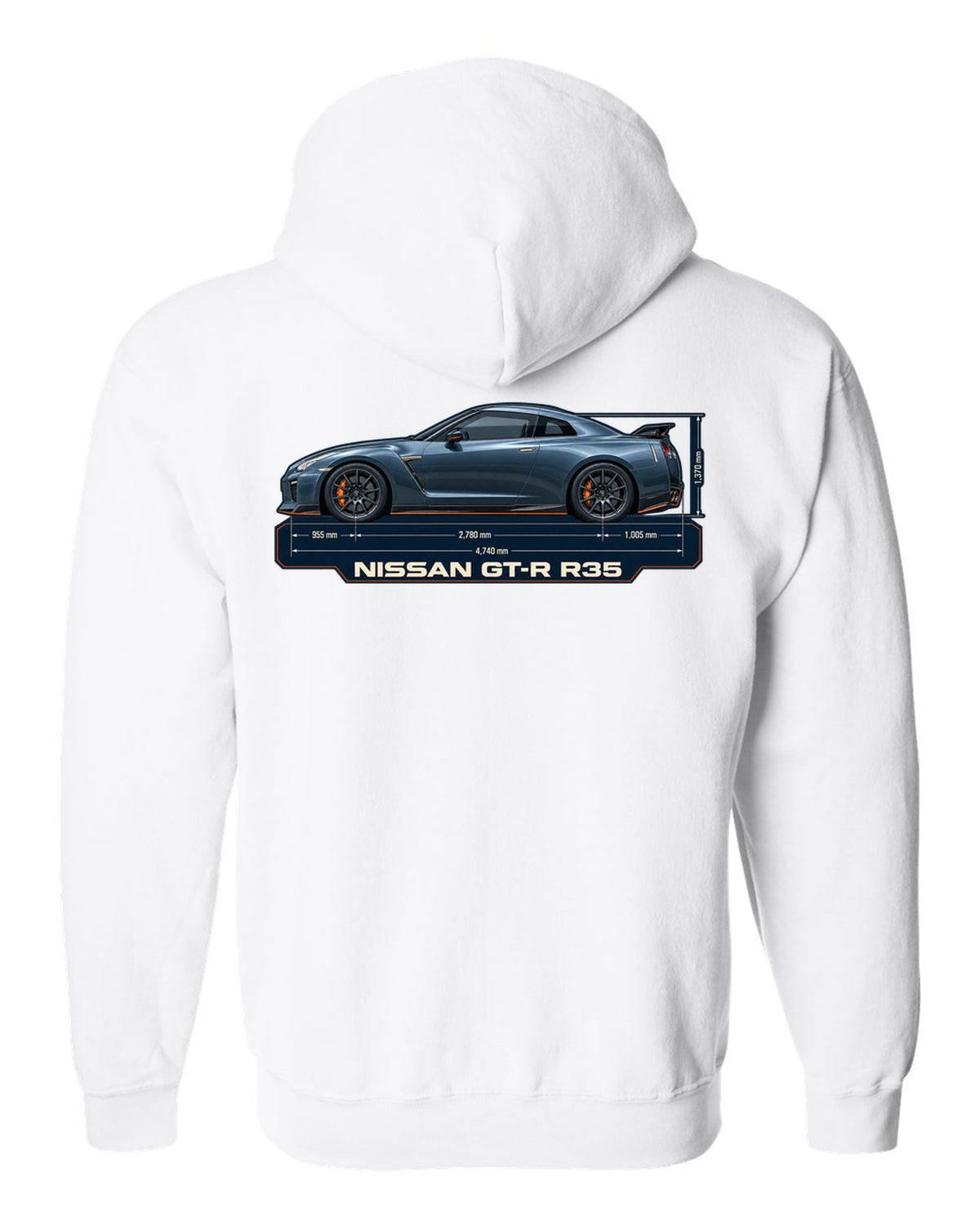 Nissan Z RZ34 Performance dimension blueprint in graphite blue white zip hoodie back view with the design