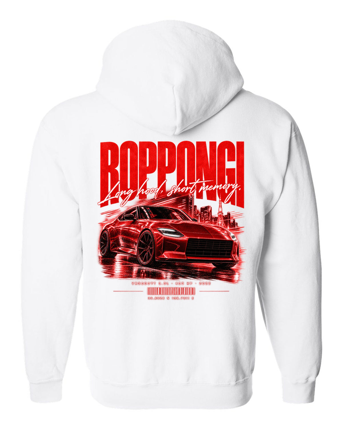 Street poster print of a Nissan Z RZ34 with Roppongi coordinates and VR30DDTT text white zip hoodie back view with the design