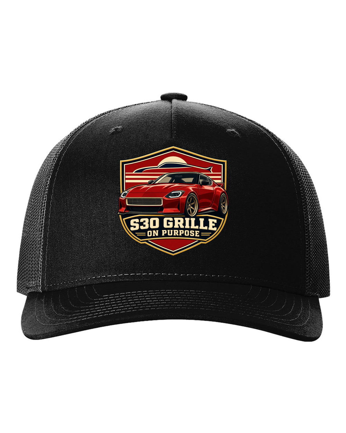 Shield crest print for the Nissan Z RZ34 referencing the S30 grille black hat front view with the design