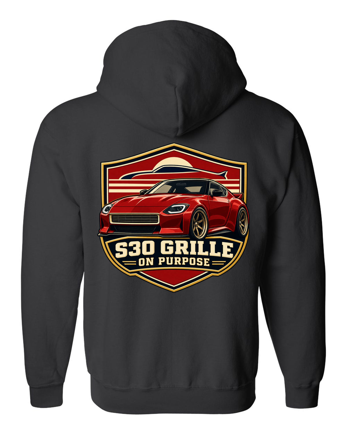 Shield crest print for the Nissan Z RZ34 referencing the S30 grille black zip hoodie back view with the design