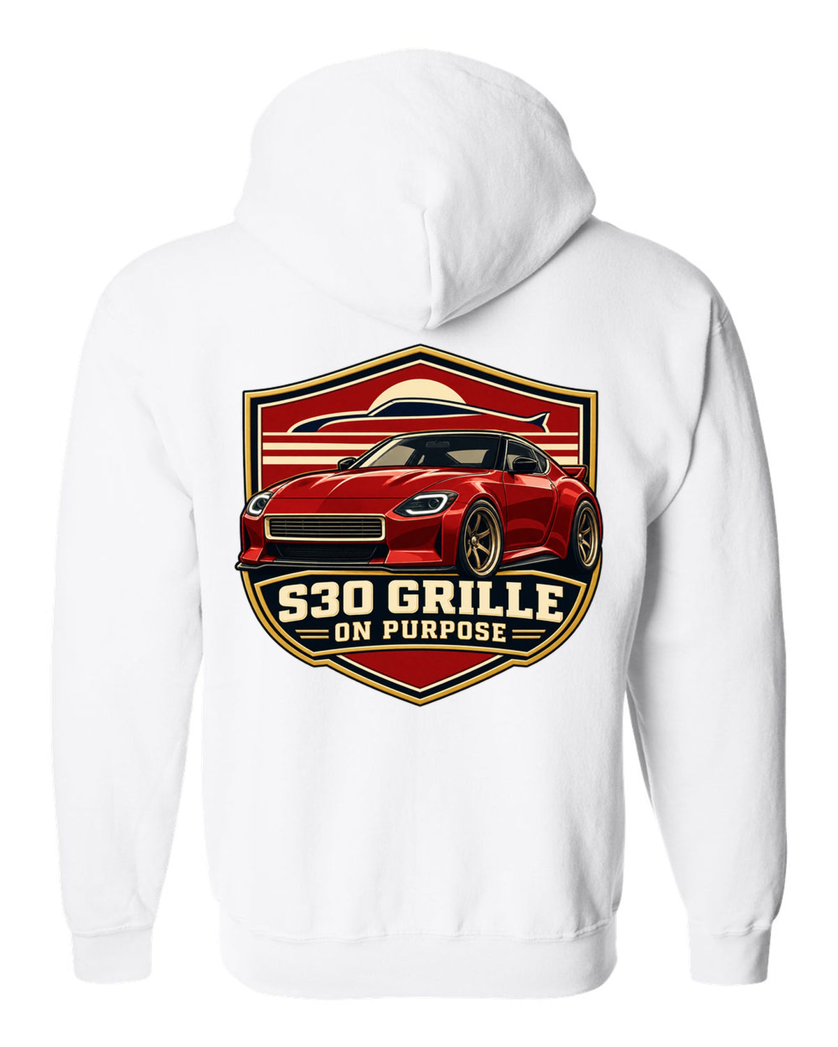 Shield crest print for the Nissan Z RZ34 referencing the S30 grille white zip hoodie back view with the design