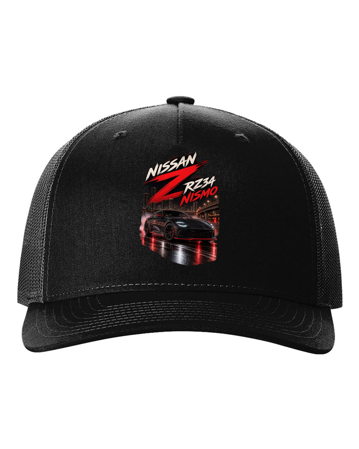 Nissan RZ34 Z spec poster with 2022 debut, VR30DDTT and 400 hp text black hat front view with the design