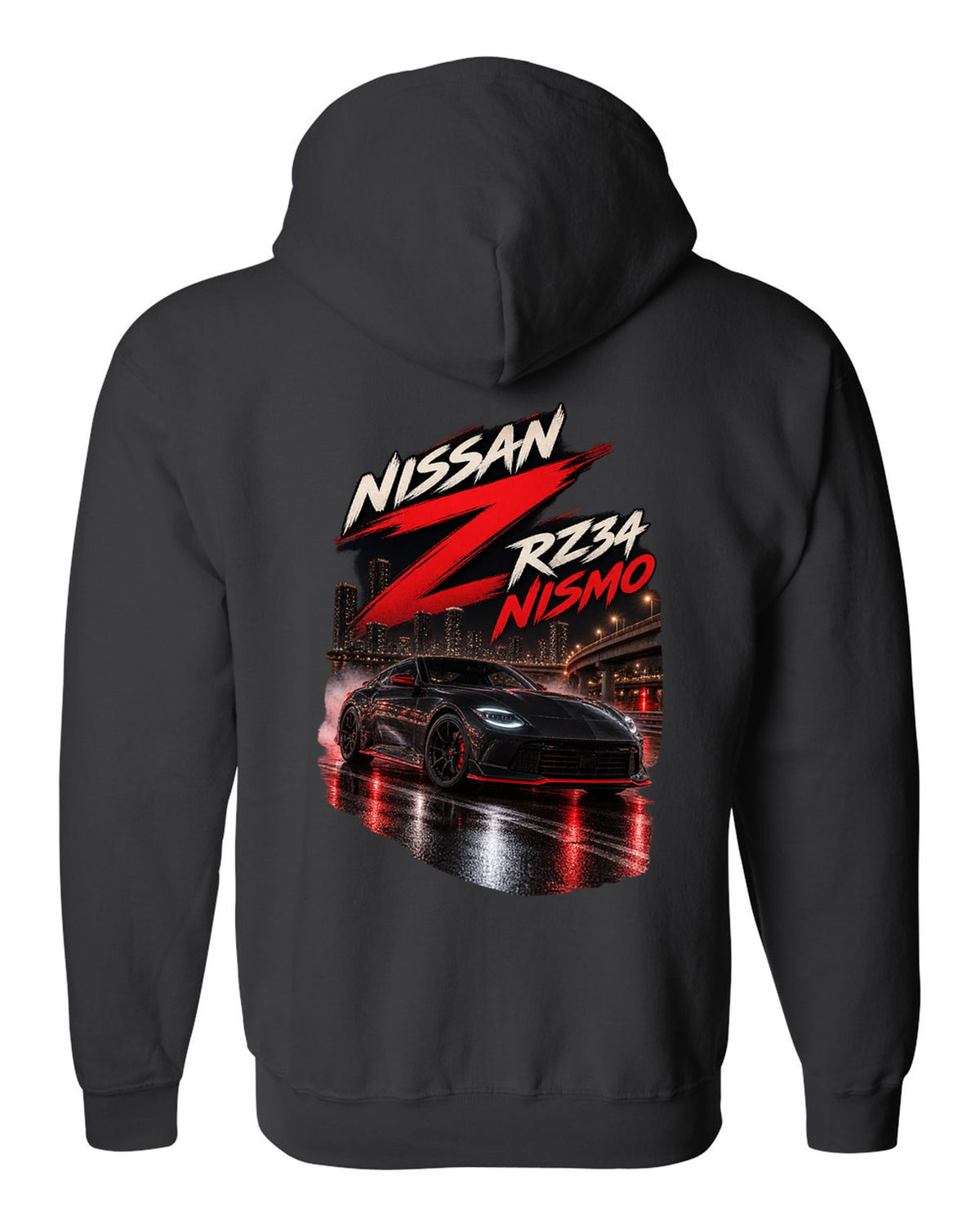 Nissan RZ34 Z spec poster with 2022 debut, VR30DDTT and 400 hp text black zip hoodie back view with the design