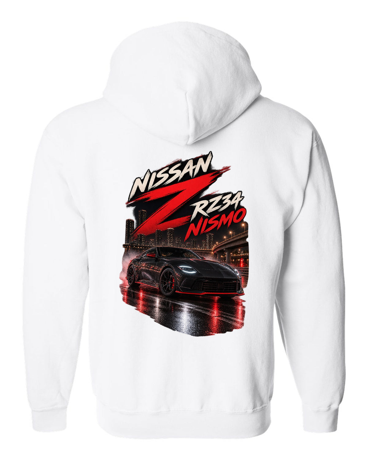 Nissan RZ34 Z spec poster with 2022 debut, VR30DDTT and 400 hp text white zip hoodie back view with the design