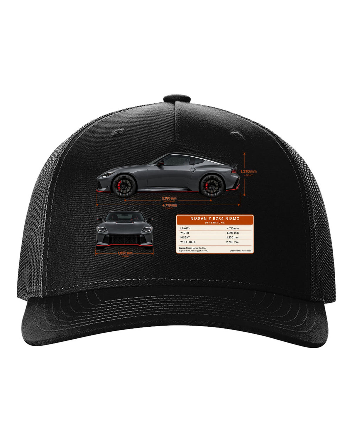 Orange 2024 Nissan Z RZ34 Sport rear view with taillight, ducktail lip and twin round tips black hat front view with the design