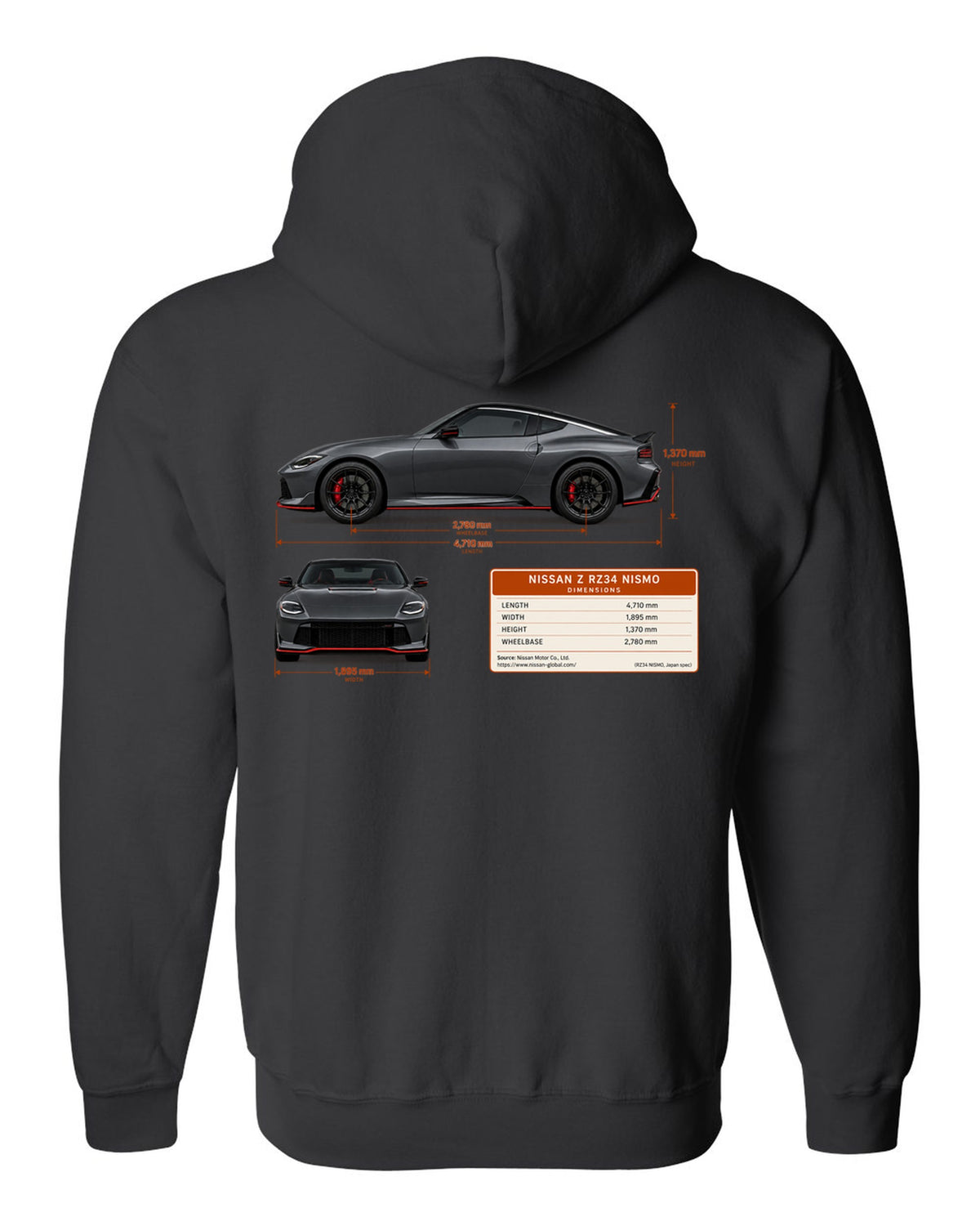 Orange 2024 Nissan Z RZ34 Sport rear view with taillight, ducktail lip and twin round tips black zip hoodie back view with the design