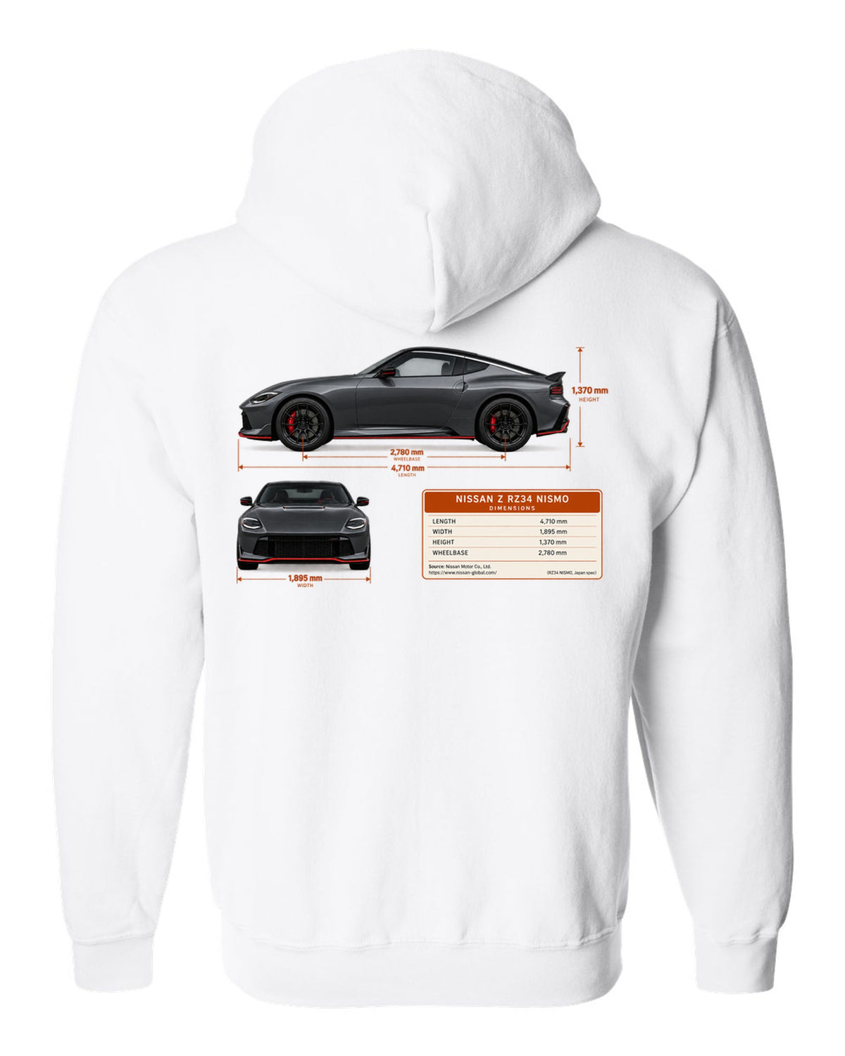 Orange 2024 Nissan Z RZ34 Sport rear view with taillight, ducktail lip and twin round tips white zip hoodie back view with the design