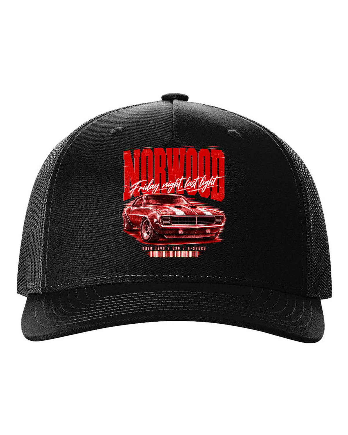 Street-poster print of a 1969 Chevrolet Camaro in Norwood, Ohio with 396 4-speed text black hat front view with the design