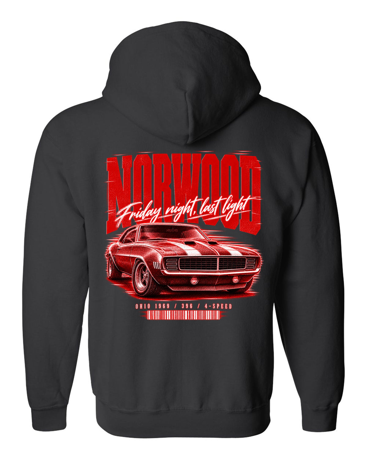 Street-poster print of a 1969 Chevrolet Camaro in Norwood, Ohio with 396 4-speed text black zip hoodie back view with the design