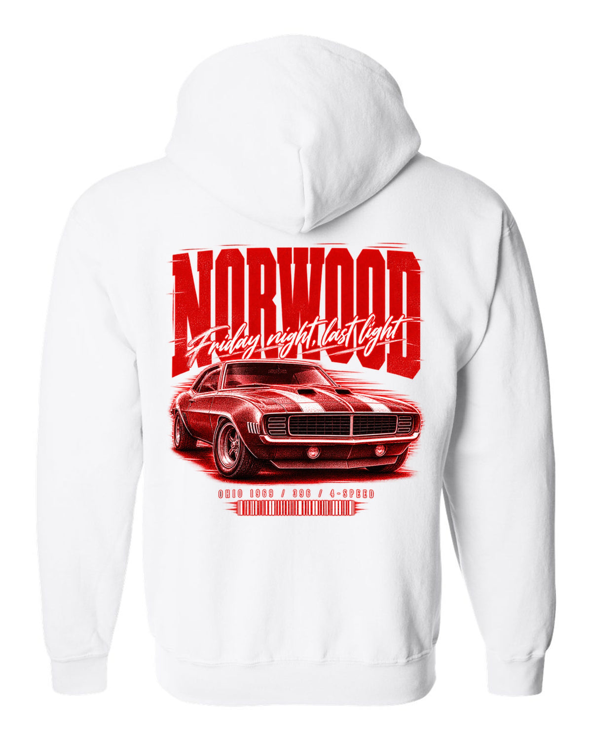 Street-poster print of a 1969 Chevrolet Camaro in Norwood, Ohio with 396 4-speed text white zip hoodie back view with the design