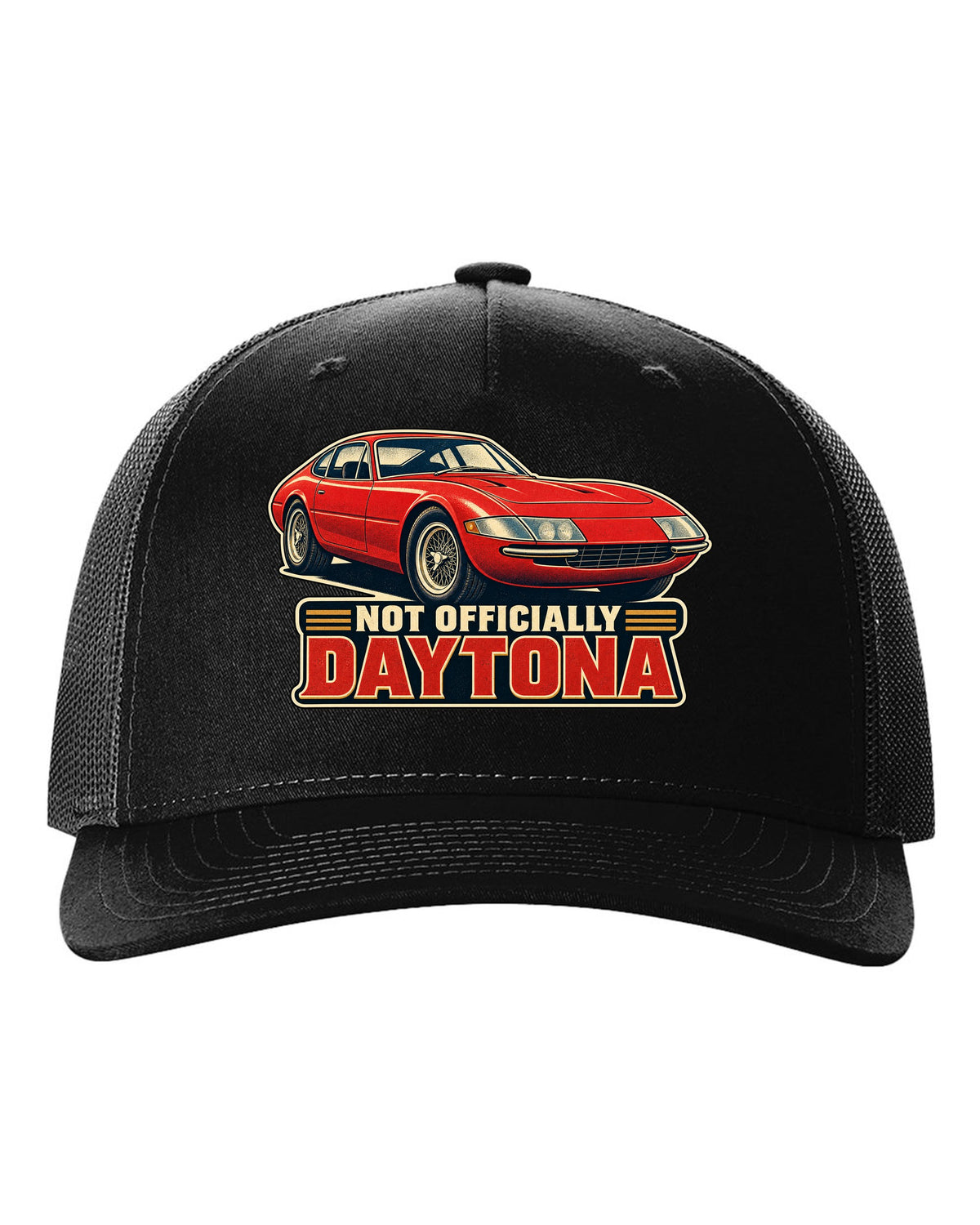 1960s race poster lithograph of the Ferrari 365 GTB/4 Daytona nose black hat front view with the design