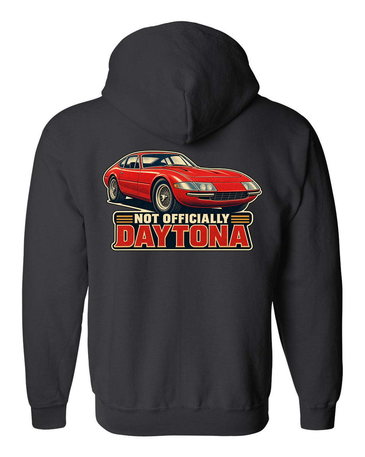 1960s race poster lithograph of the Ferrari 365 GTB/4 Daytona nose black zip hoodie back view with the design