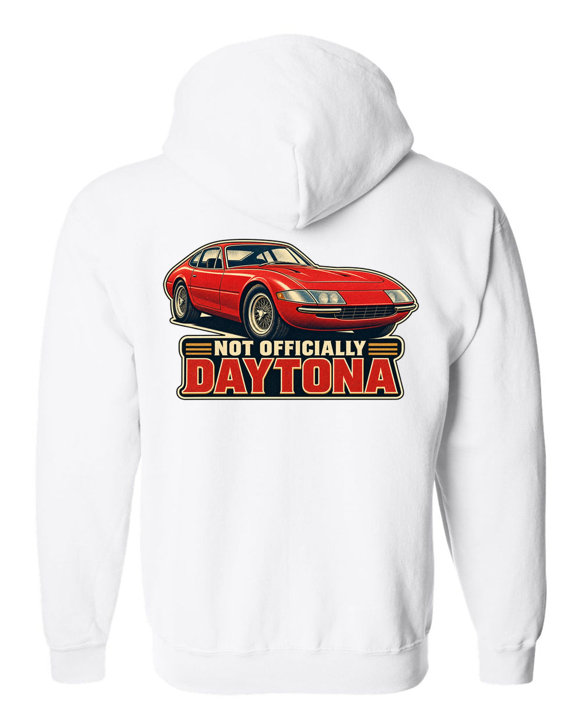 1960s race poster lithograph of the Ferrari 365 GTB/4 Daytona nose white zip hoodie back view with the design