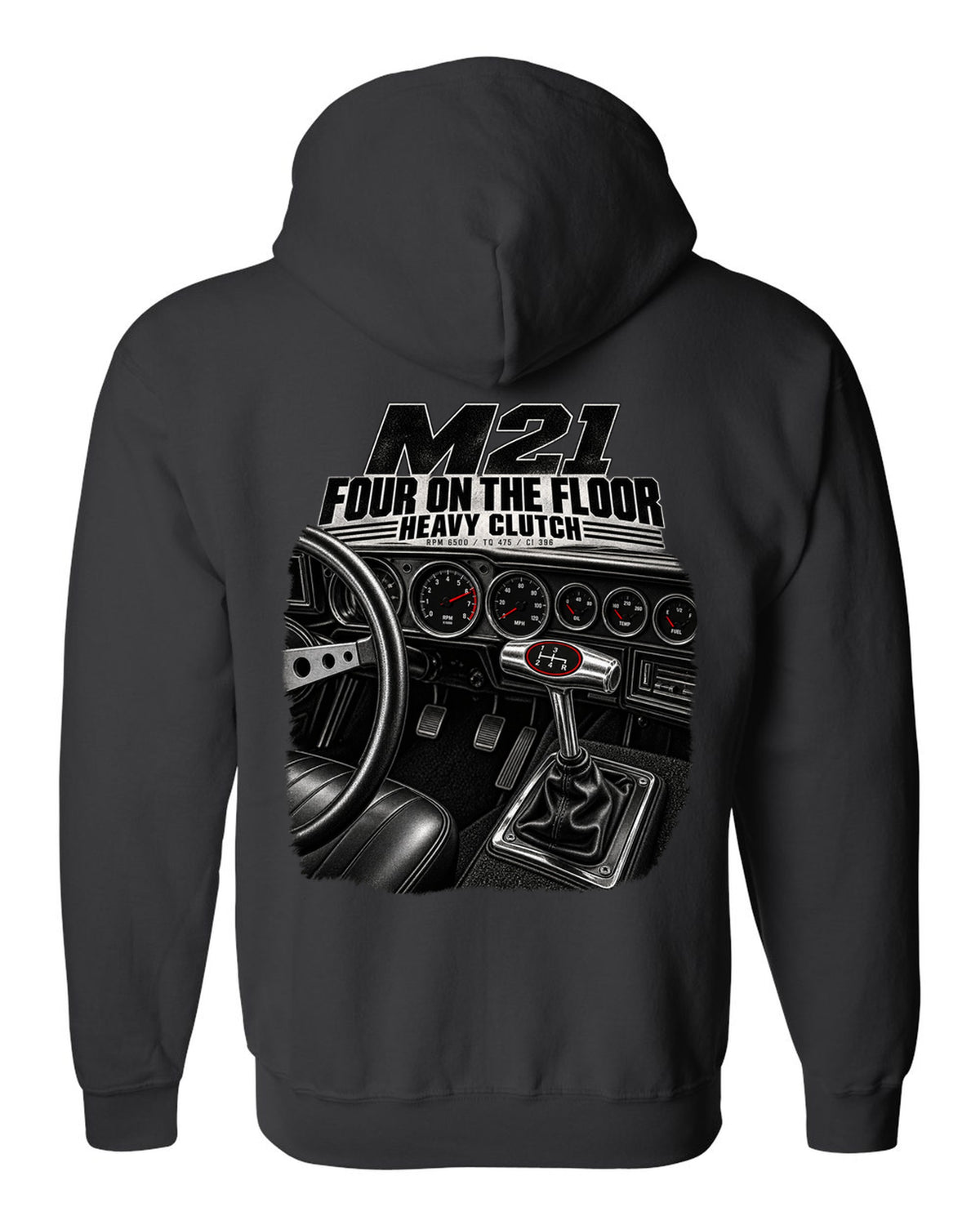 1970 Nova SS interior with Muncie four-speed shifter cockpit print black zip hoodie back view with the design