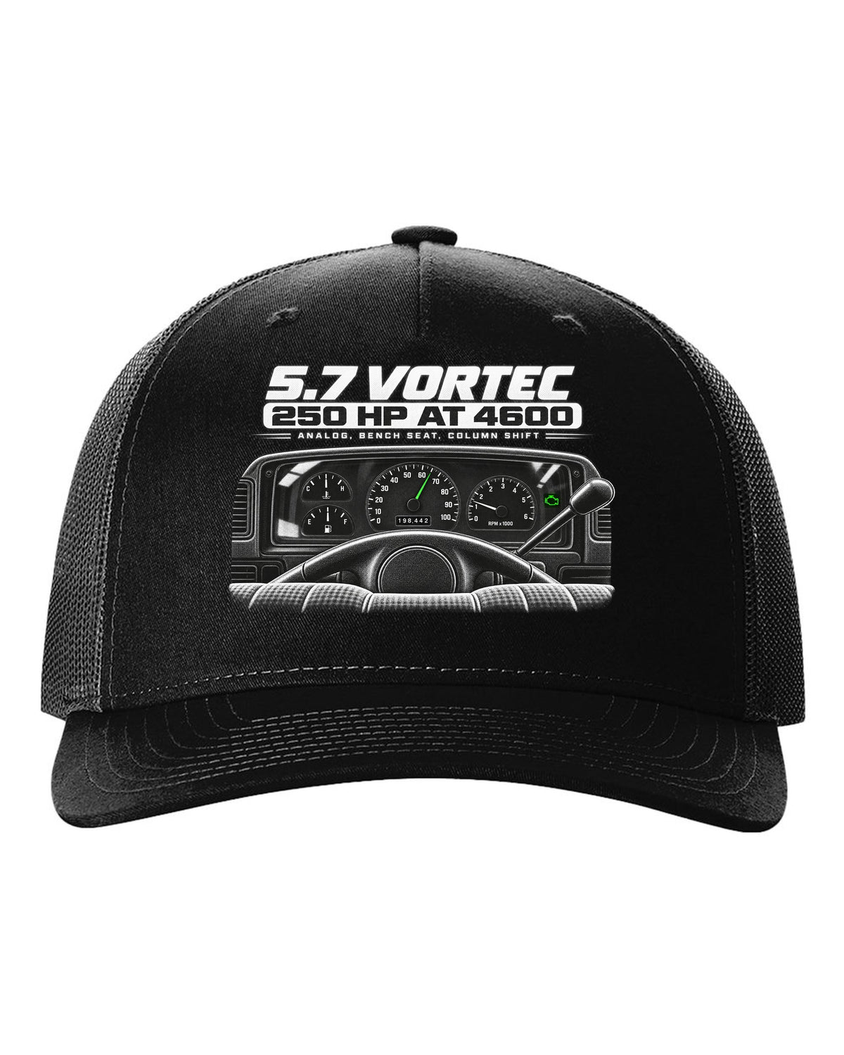 OBS Chevy C1500 cockpit and gauge cluster print black hat front view with the design