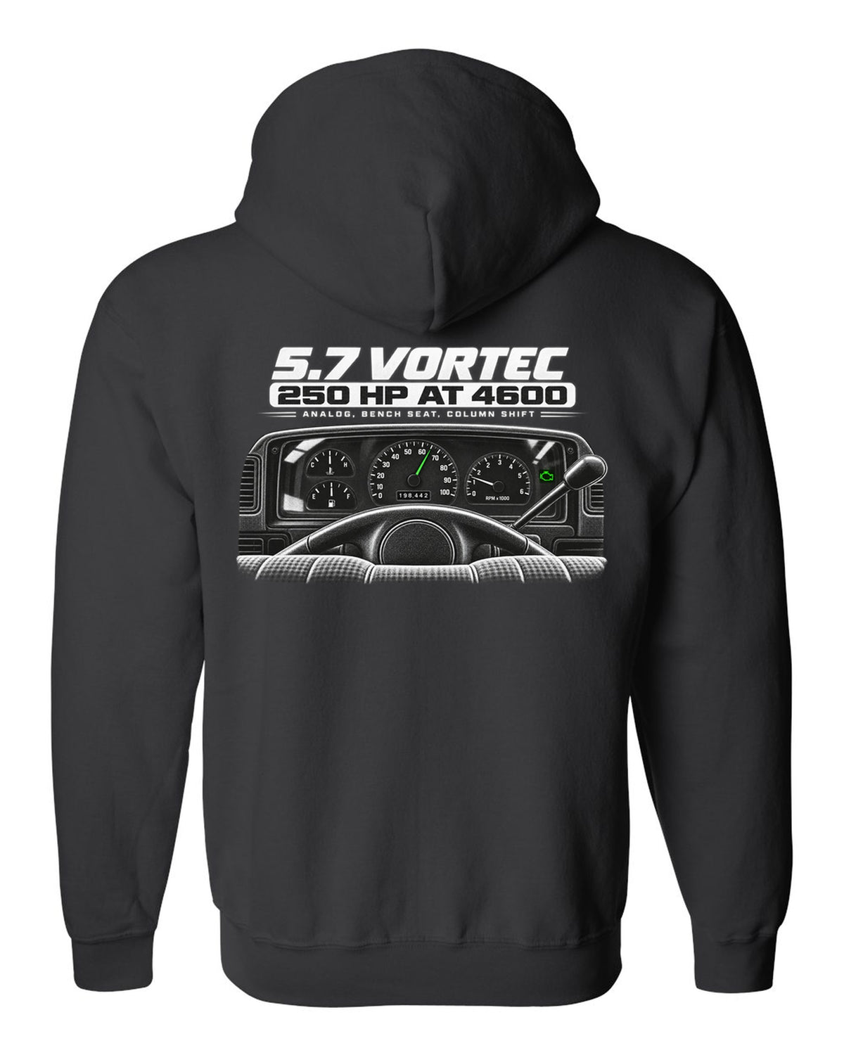 OBS Chevy C1500 cockpit and gauge cluster print black zip hoodie back view with the design