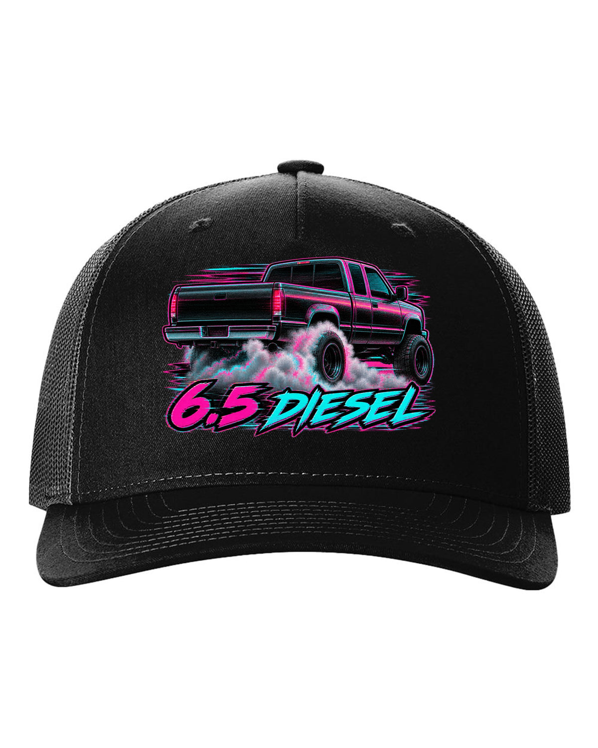 VHS glitch burnout print of a 1988-1998 Chevrolet GMT400 C2500 with 6.5 Diesel text black hat front view with the design