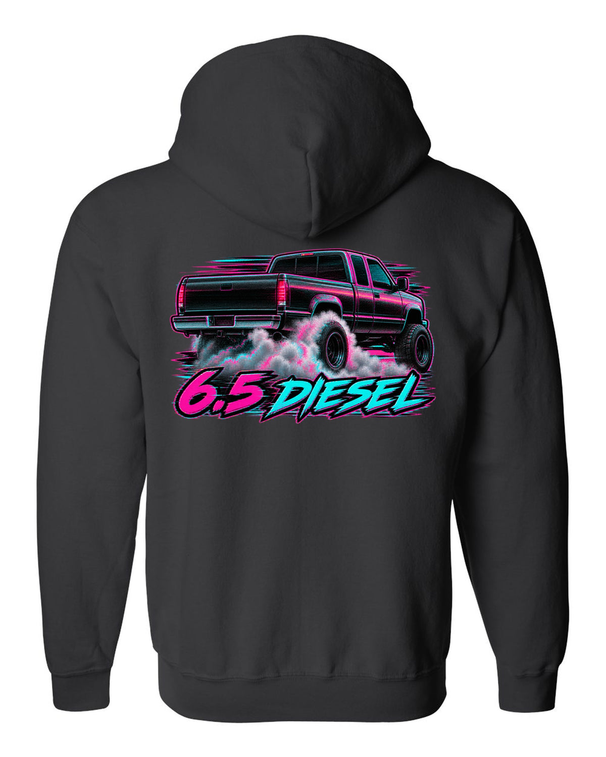 VHS glitch burnout print of a 1988-1998 Chevrolet GMT400 C2500 with 6.5 Diesel text black zip hoodie back view with the design
