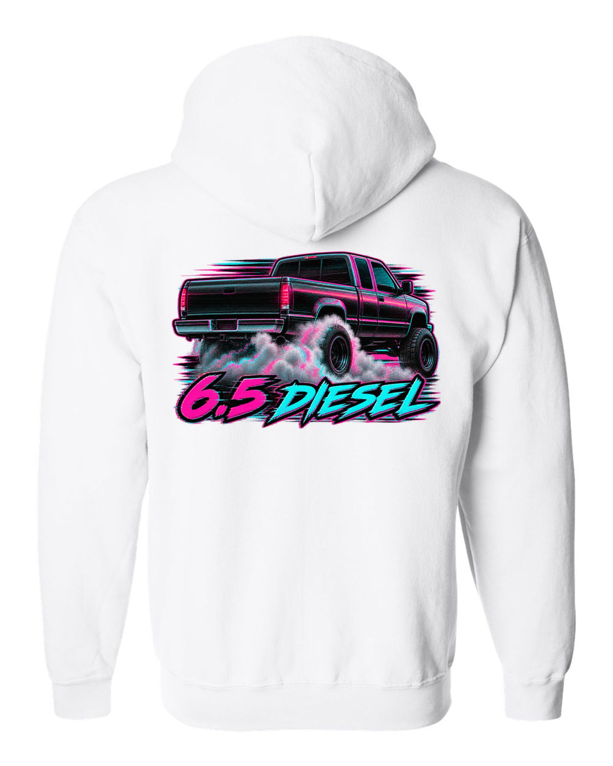 VHS glitch burnout print of a 1988-1998 Chevrolet GMT400 C2500 with 6.5 Diesel text white zip hoodie back view with the design