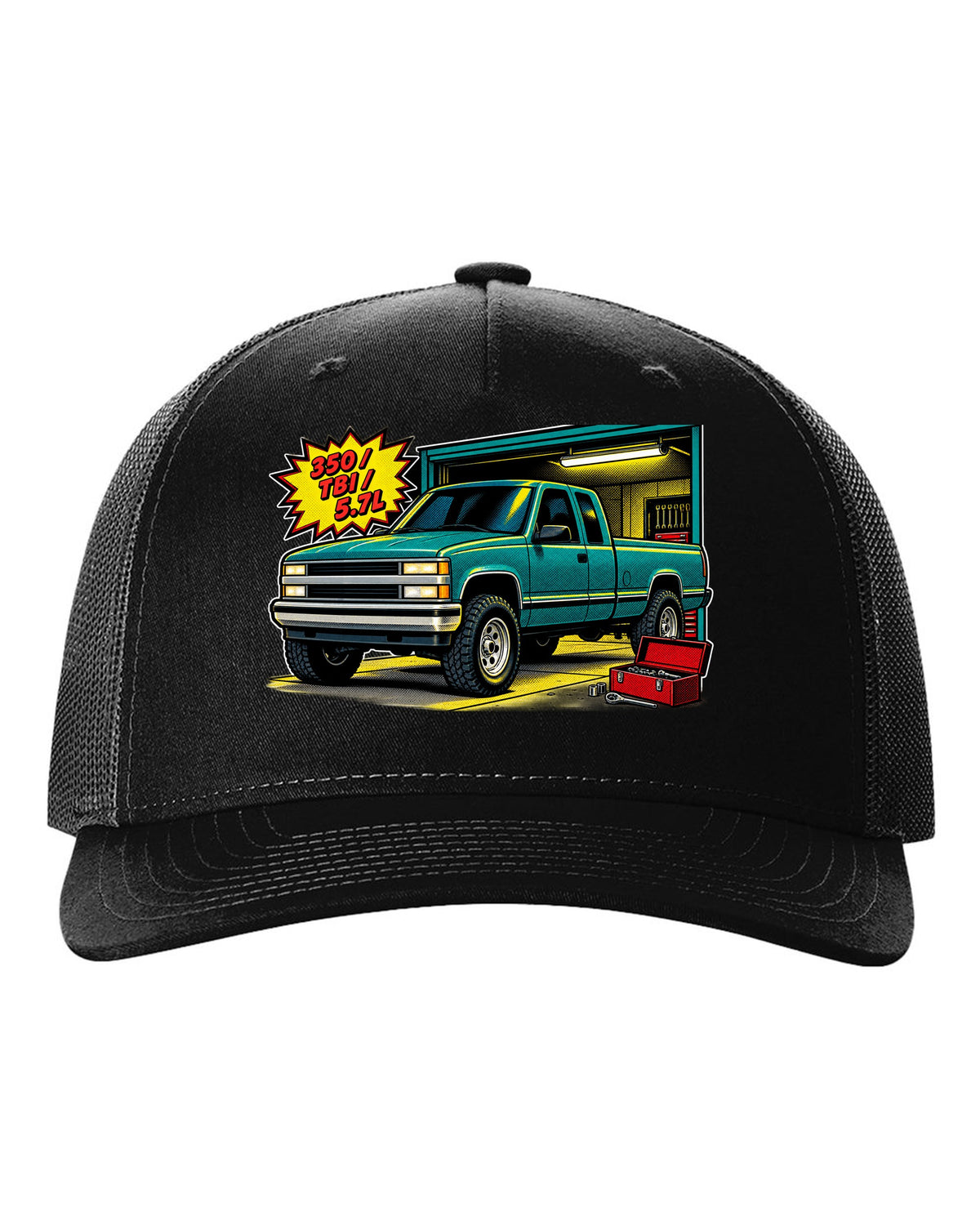 Comic halftone pop-art print of a 1988-1998 Chevrolet GMT400 OBS Silverado with 350 TBI 5.7L text black hat front view with the design