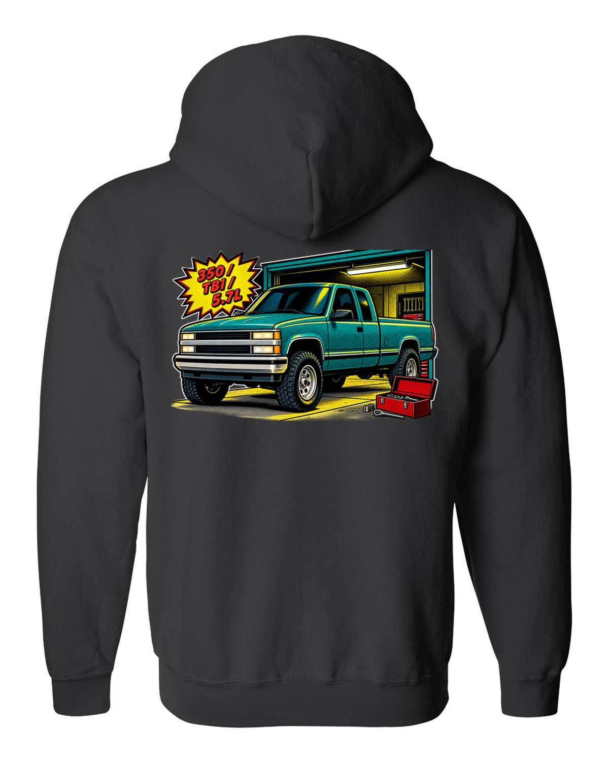 Comic halftone pop-art print of a 1988-1998 Chevrolet GMT400 OBS Silverado with 350 TBI 5.7L text black zip hoodie back view with the design