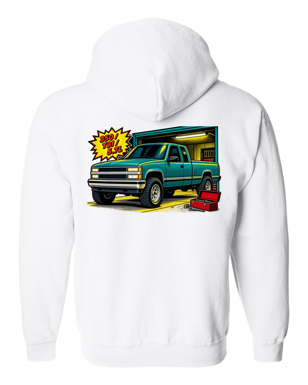 Comic halftone pop-art print of a 1988-1998 Chevrolet GMT400 OBS Silverado with 350 TBI 5.7L text white zip hoodie back view with the design