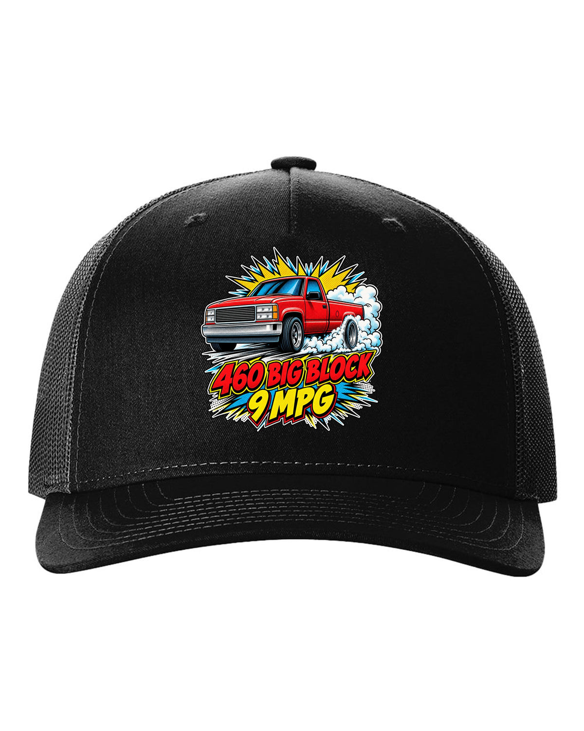 Comic halftone pop-art print of a 1992-97 Ford F-150 OBS burnout with 460 big block text black hat front view with the design