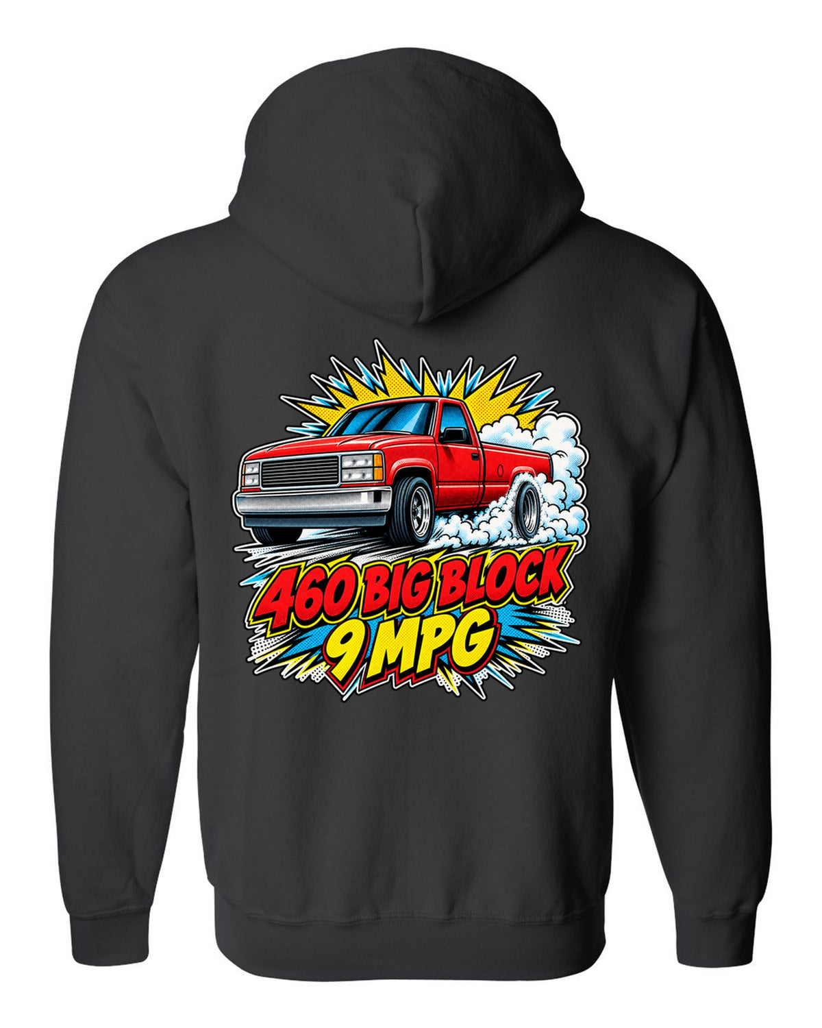 Comic halftone pop-art print of a 1992-97 Ford F-150 OBS burnout with 460 big block text black zip hoodie back view with the design